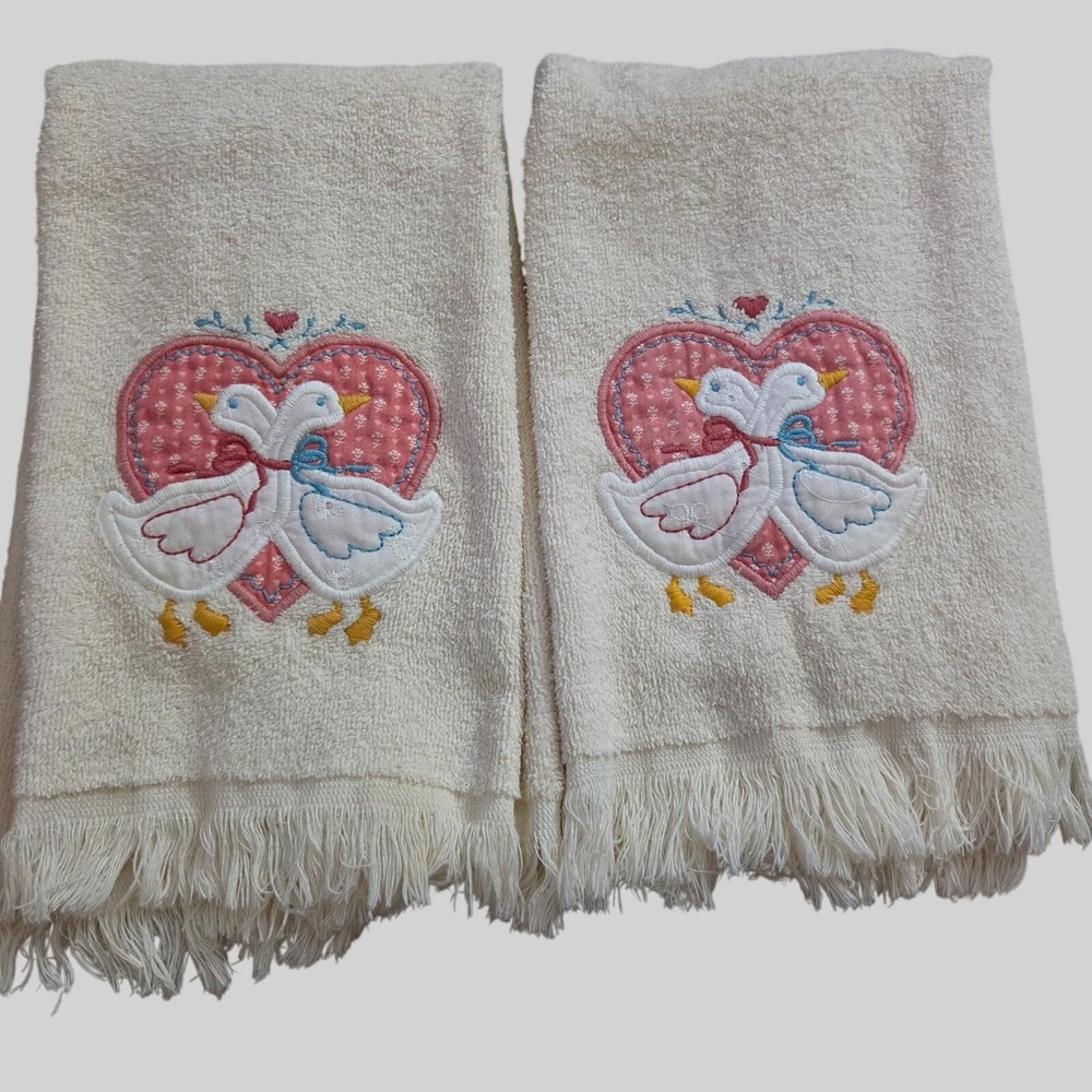 Vintage Cream Hand Towels Pair Embroidered Geese Heart Fringe Cottagecore 2pc
